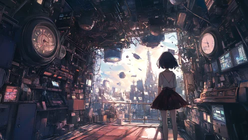 Girl in red skirt overlooks dense futuristic cityscape.