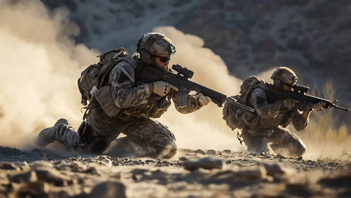 Armed soldiers advancing through dusty rocky terrain.