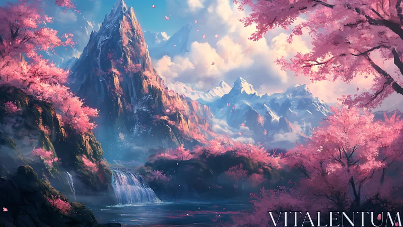 Snowcapped peaks rise beyond luminous cherry blossom valley