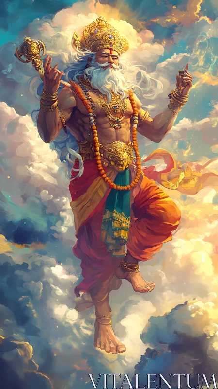 Mythic warrior deity floats amid glowing layered clouds