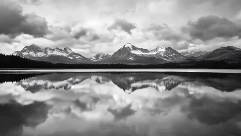 Monochrome mountain range mirrored on calm reflective lake.
