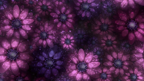 Glowing violet fractal blossoms drift in a dreamy cosmic haze