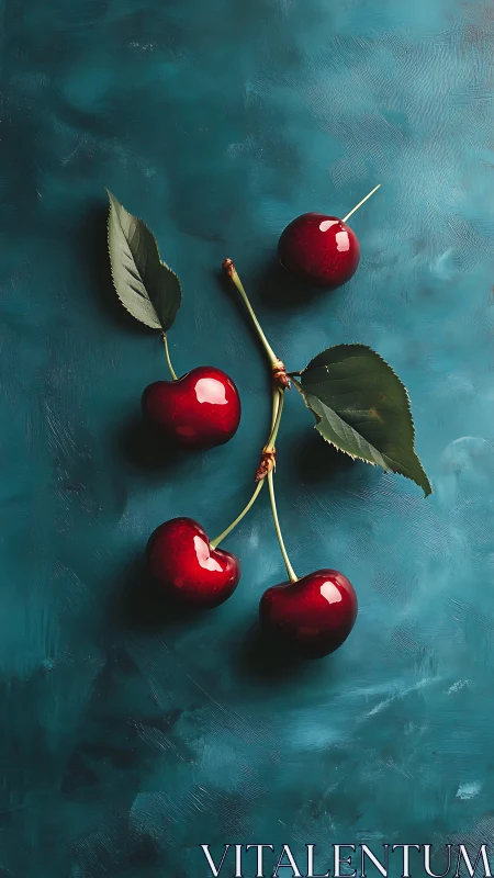 Glistening cherries resting softly on teal painted backdrop.