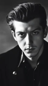 Moody monochrome portrait with slicked-back hair and stare.