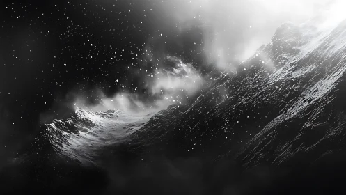 Monochrome blizzard over rugged alpine ridge at night.