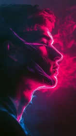 Neon edge portrait isolates male profile in vapor glow