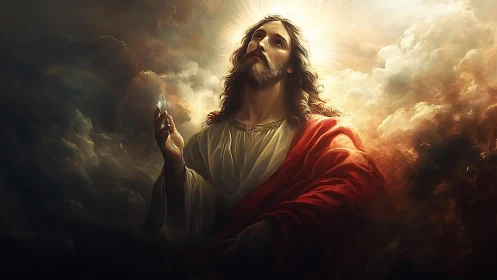 Digital painting of radiant Christ within dramatic cloudscape.