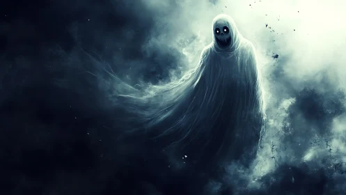 Ghostly wraith drifts through stormy monochrome mist