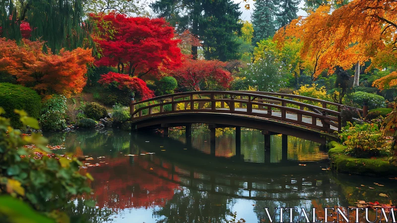 Curved wooden garden bridge over reflective pond in peak autumn