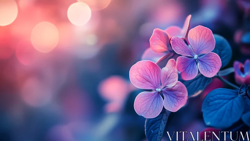 Pink hydrangea flowers with blurred bokeh background.