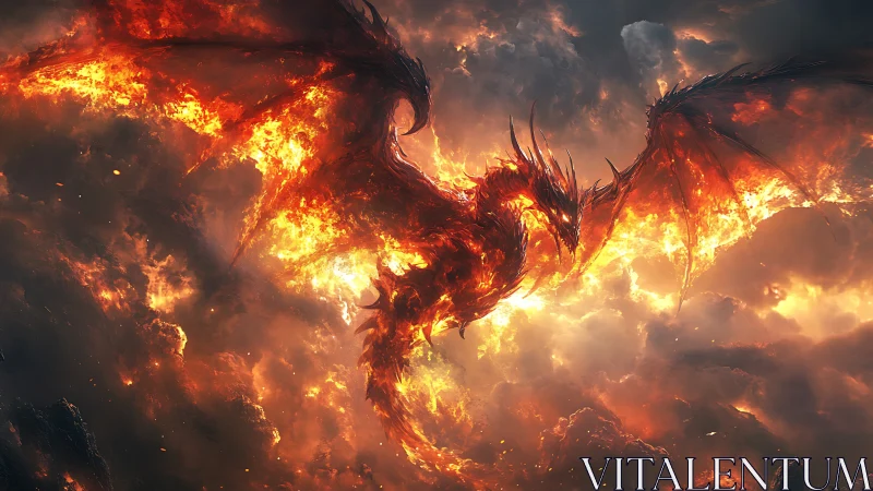 Fiery dragon silhouette in dense turbulent cloudscape.