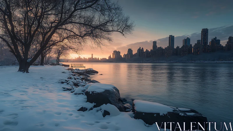 Snowy riverside park at winter sunset facing city skyline.