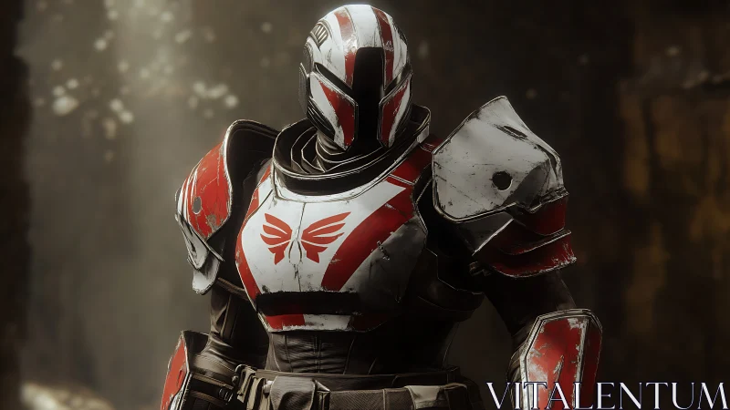 Heavily weathered sci fi combat exosuit with red white livery