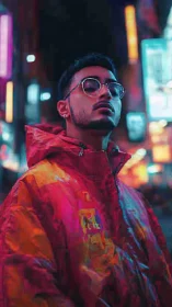 Neon city wanderer wrapped in glowing streetlight hues.