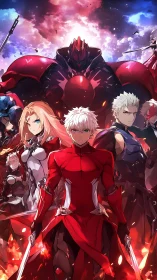 Red armored anime heroes stand united in fiery sky scene.