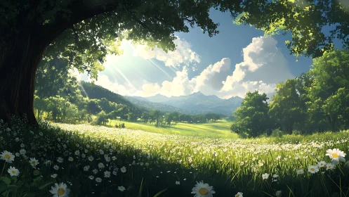 Sunlit meadow under oak tree and distant blue mountains.