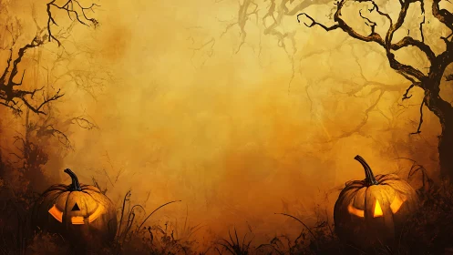 Glowing jack o lanterns flank eerie forest clearing at dusk