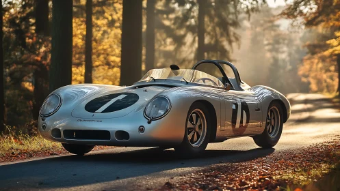 Vintage silver race car on misty autumn forest road.