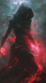 Hooded spectral figure channels volatile crimson arcane energy