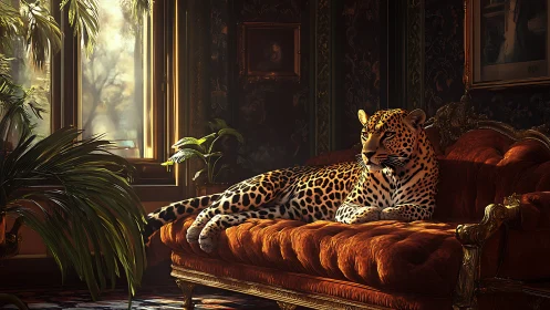 Leopard on Velvet Chaise in Ornate Interior.
