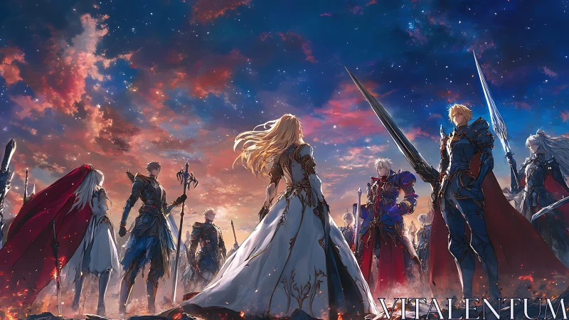 Celestial duel of radiant knights beneath ember-tinted skies.