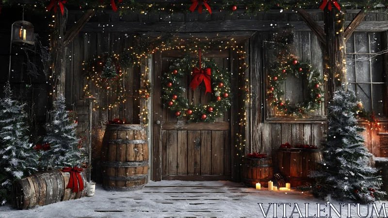 Rustic wooden cabin front glows with warm Christmas garlands