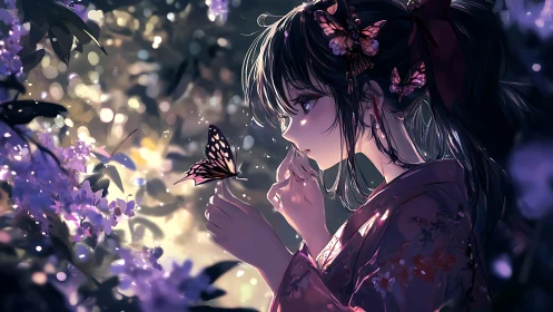Butterfly-whispering girl pauses twilight beneath lilac constellations