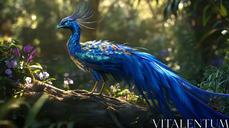 Majestic Blue Fantasy Bird in Sunlit Enchanted Forest Scene.