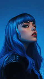 Midnight siren in neon blue gaze and electric shadows.