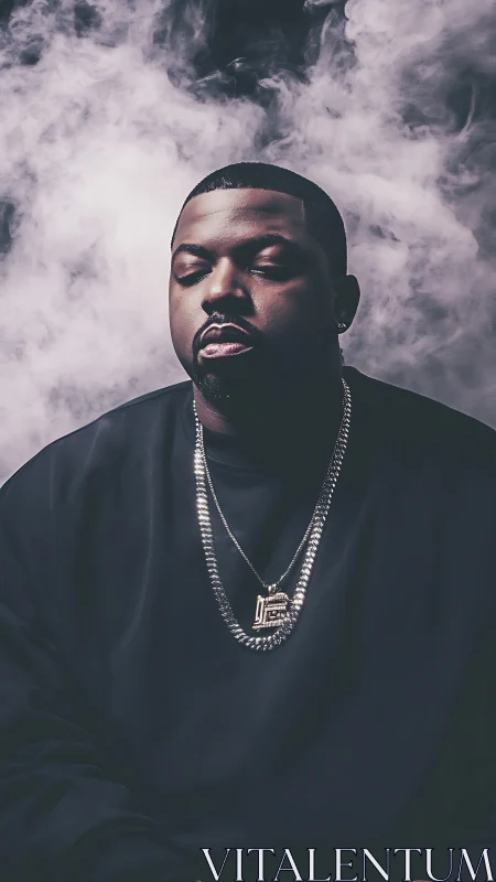 Calm portrait of a confident man resting in soft swirling smoke.