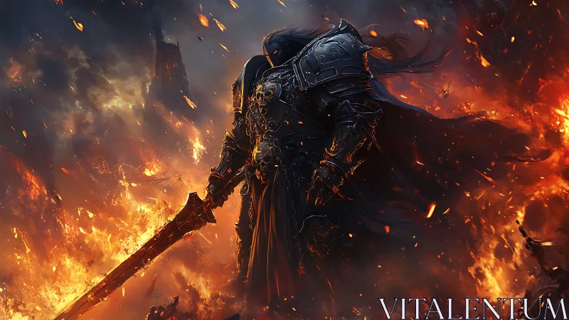 Armored dark knight dominates an infernal battlefield in flames