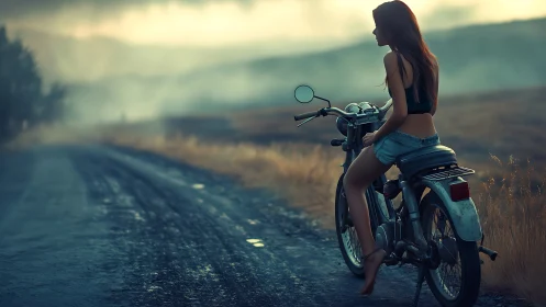 Woman sits on motorcycle beside rural road at dusk