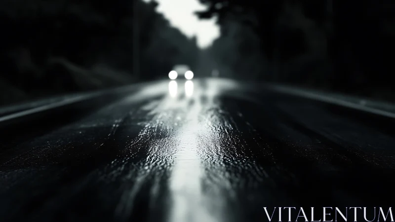 Headlights approach along wet rural road at dusk
