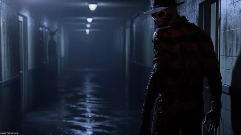 Horror figure stalks flooded corridor under dim ceiling lights