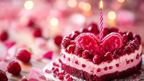 Heart-shaped dessert with berries and lit candle on pink background.