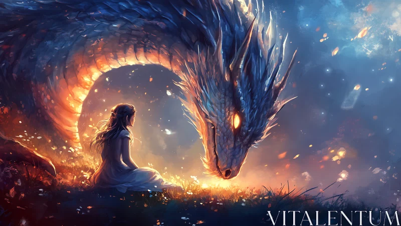 Gentle dragon bends close as a brave girl meets its gaze