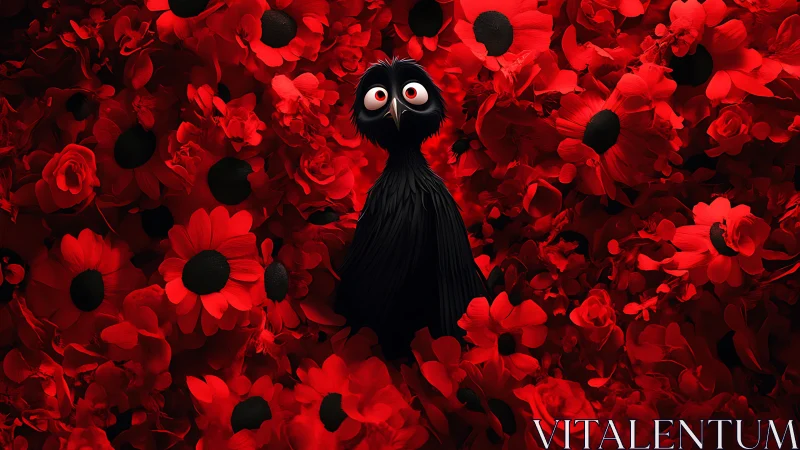 Wide eyed black bird adrift in a blazing red blossom sea.