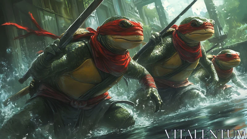 Red-masked turtle warriors charging through bright city waters.