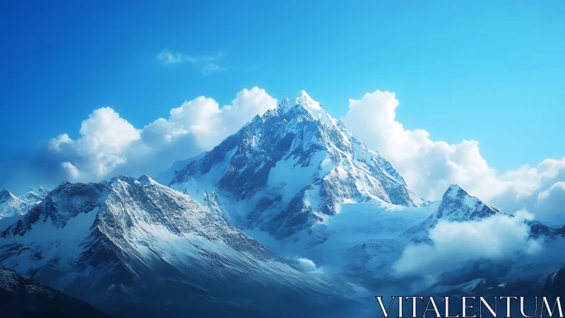 Snow capped mountain peak under clear blue sky.