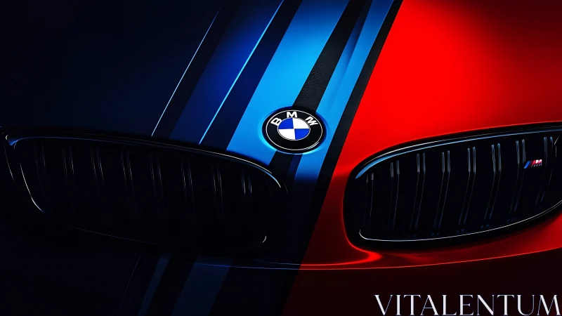 BMW M front grille close-up with blue and red lighting.