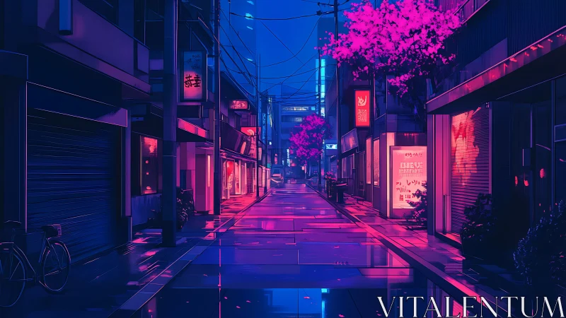 Neon-lit cherry blossoms glow over a quiet cyber street.