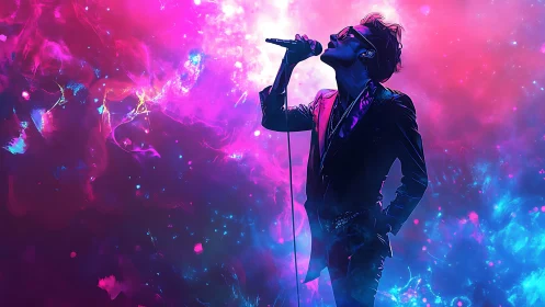 Neon storm crooner ignites a cosmic, electric stage dream.