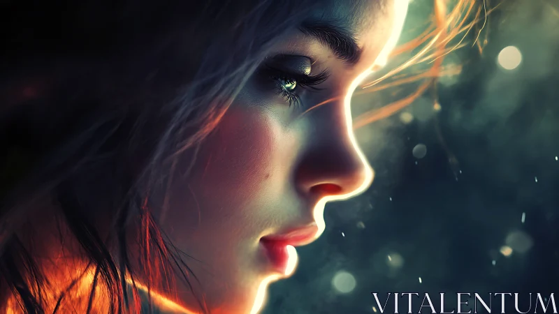 Starlit profile of a dreaming girl in ember kissed glow.