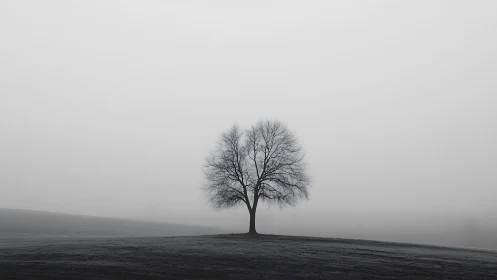 Solitary deciduous tree in fog on minimal monochrome hillside