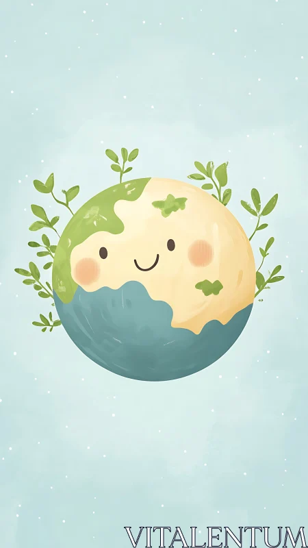 Smiling sprout-covered planet floating in pastel sky.