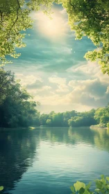 Sunlit river landscape with trees and reflective water surface.