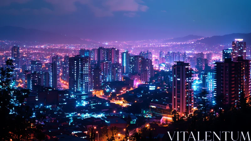 Neon drenched metropolis skyline under hazy twilight glow.