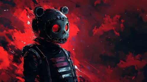 Post-apocalyptic bear-masked soldier in scarlet stormscape.