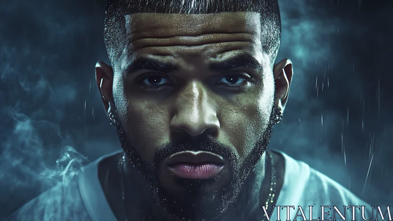 Moody rain-soaked portrait with cinematic blue lighting.