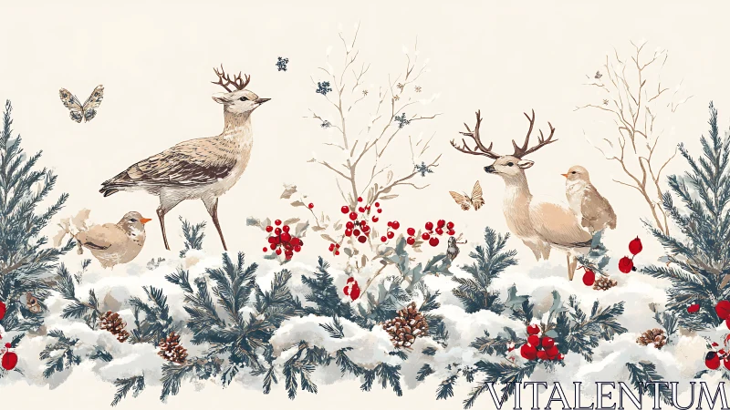 Winter forest wildlife among snow, berries, and evergreens.